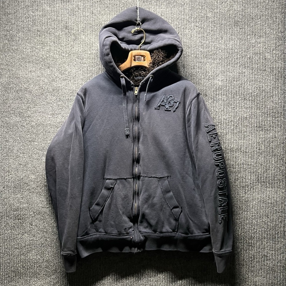 Y2K Aeropostale Fur Lined Hoodie Mens 2XL Navy Blue Full Zip Sleeve Hit Warm